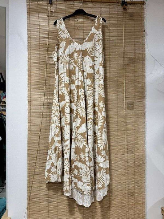GRANDE TAILLE - Robe longue sans manches palmiers beige