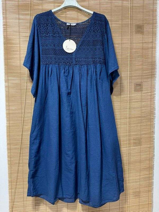 GRANDE TAILLE - Robe voile de coton broderies bleu marine