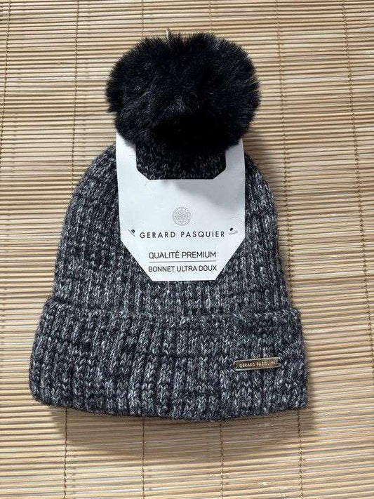 Bonnet femme pompom MANOUKIAN gris chiné/noir