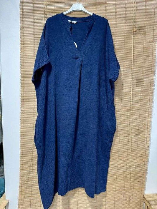 GRANDE TAILLE - Robe longue en gaze de coton col en V bleu marine