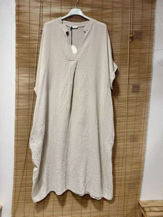 GRANDE TAILLE - Robe longue en gaze de coton col en V sable
