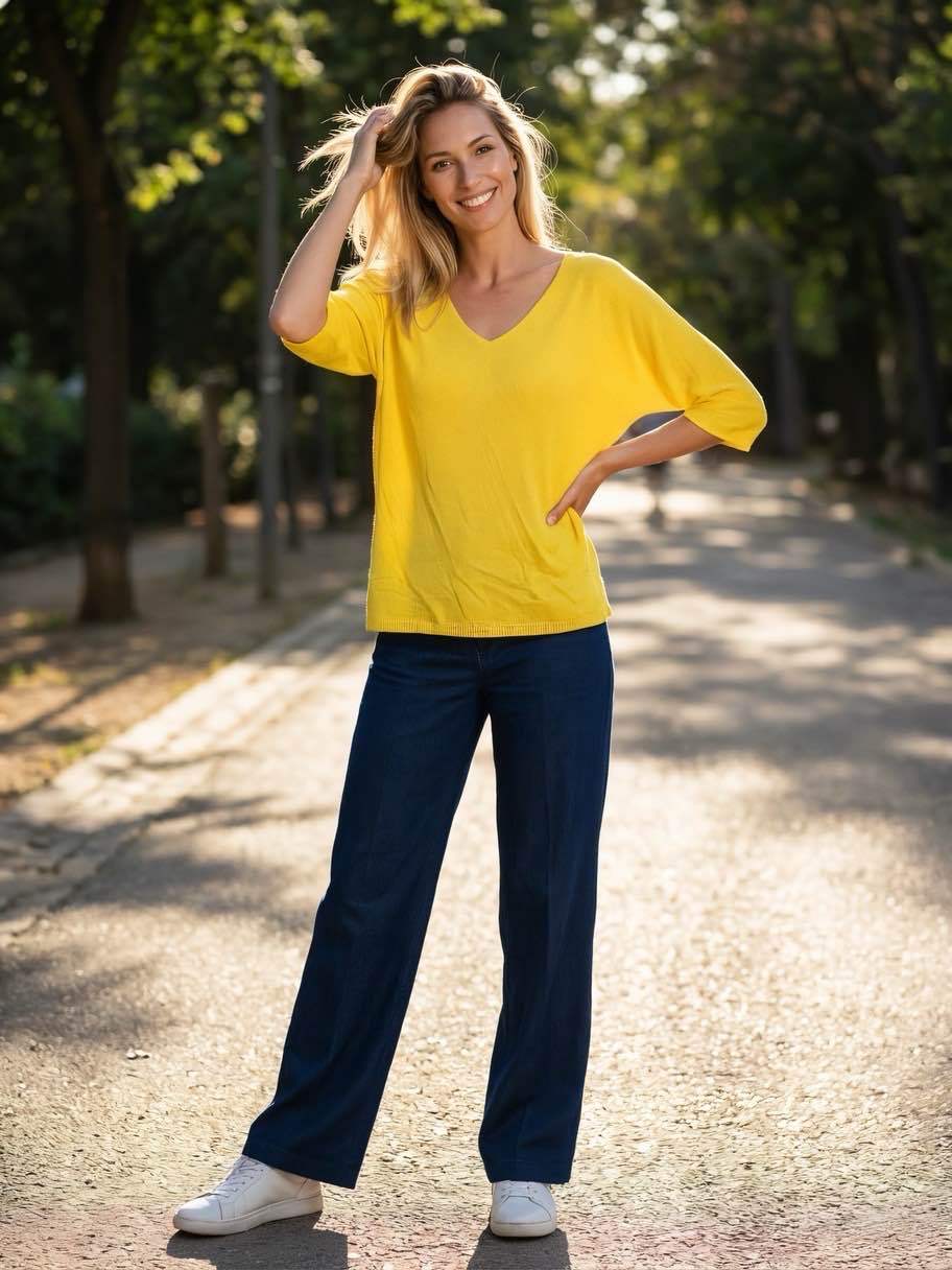 Pull fin fluide manches courtes bleu