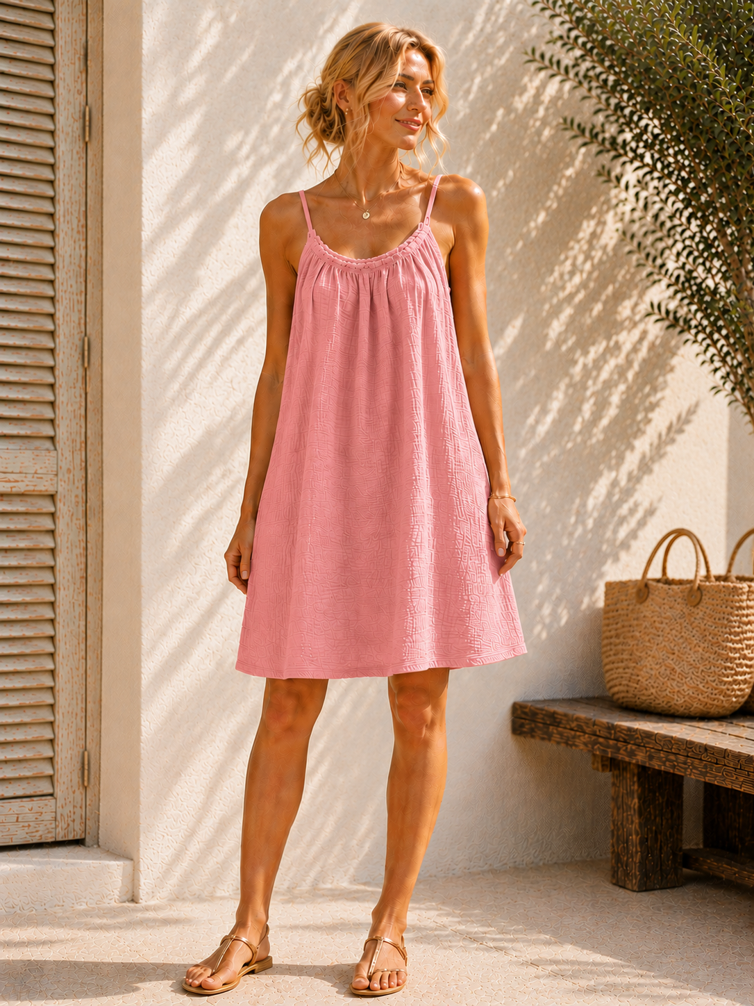 Robe à bretelles gaze de coton rose