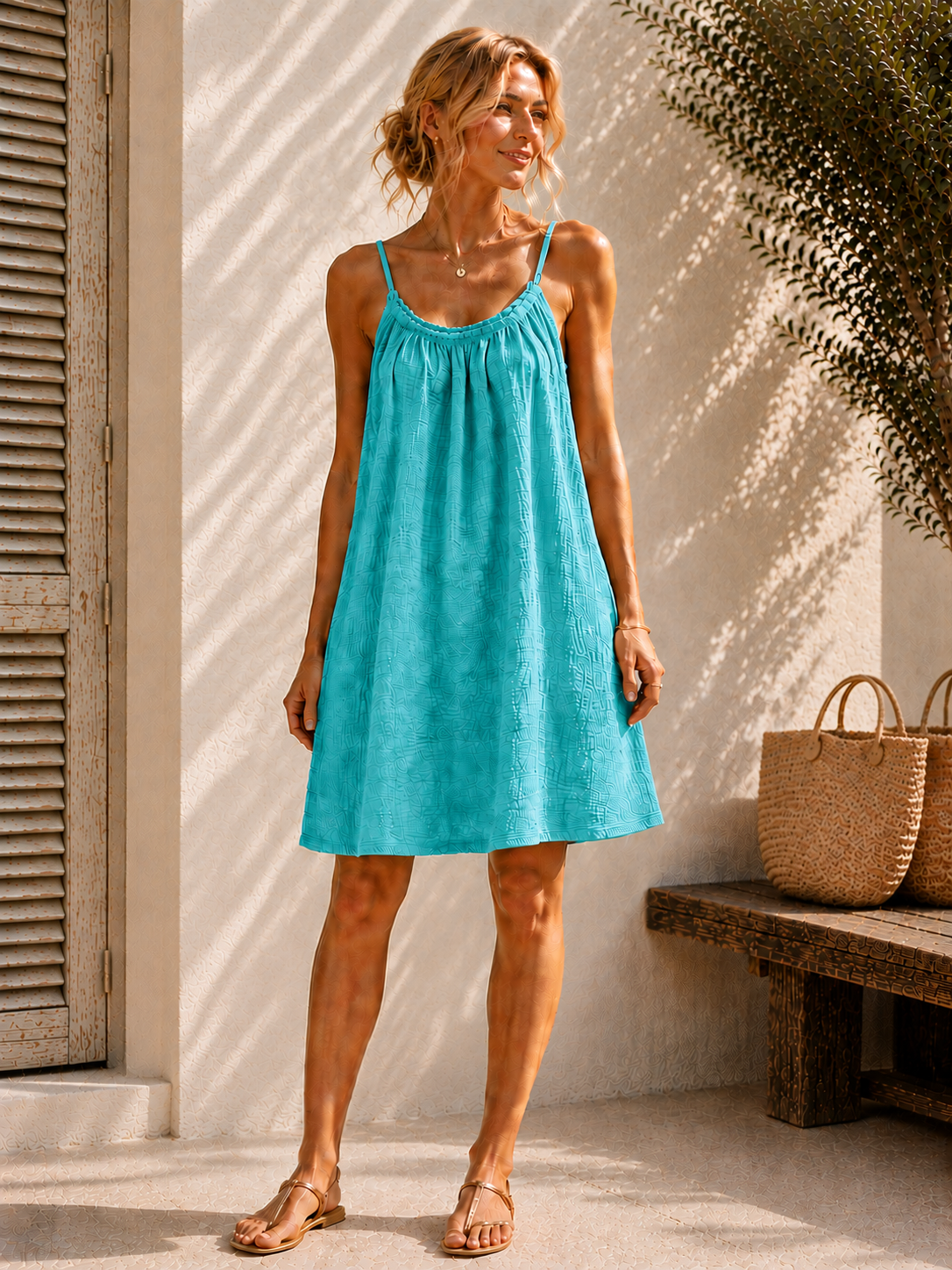 Robe à bretelles gaze de coton turquoise