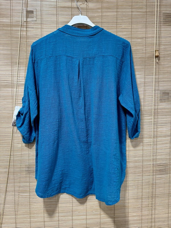 Chemise en coton col mao bleu canard