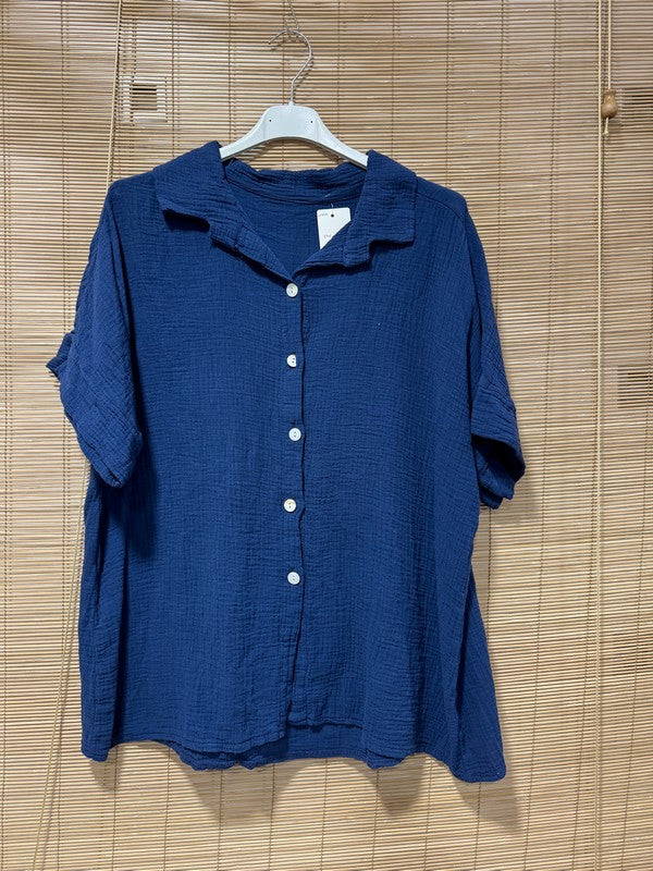 Chemise gaze de coton manches courtes bleu marine