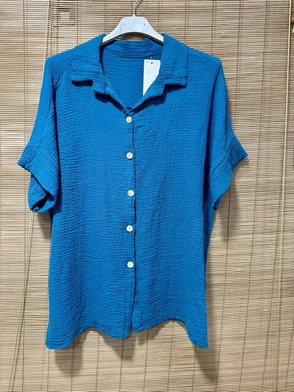 Chemise gaze de coton manches courtes bleu canard