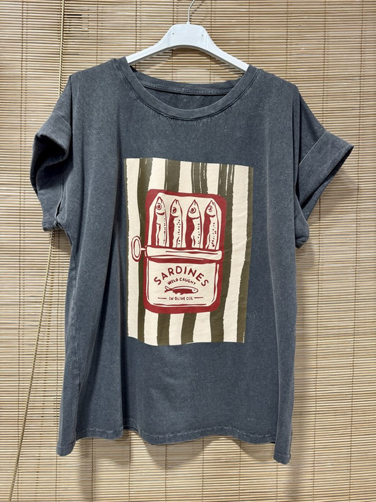T-shirt anthracite SARDINES marron/rouge