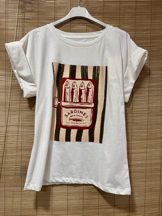 T-shirt blanc SARDINES marron/rouge