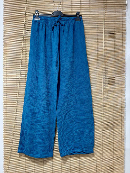 Pantalon gaze de coton bleu pétrole