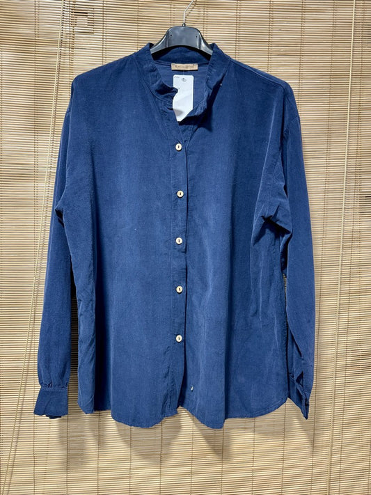 Chemise velours col mao bleu marine