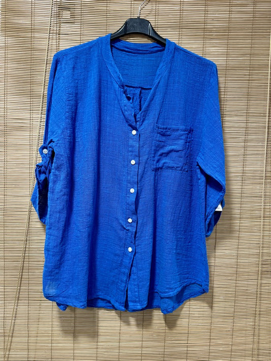 Chemise en coton col mao bleu roi