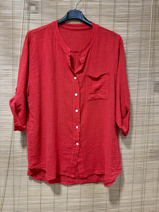 Chemise en coton col mao rouge