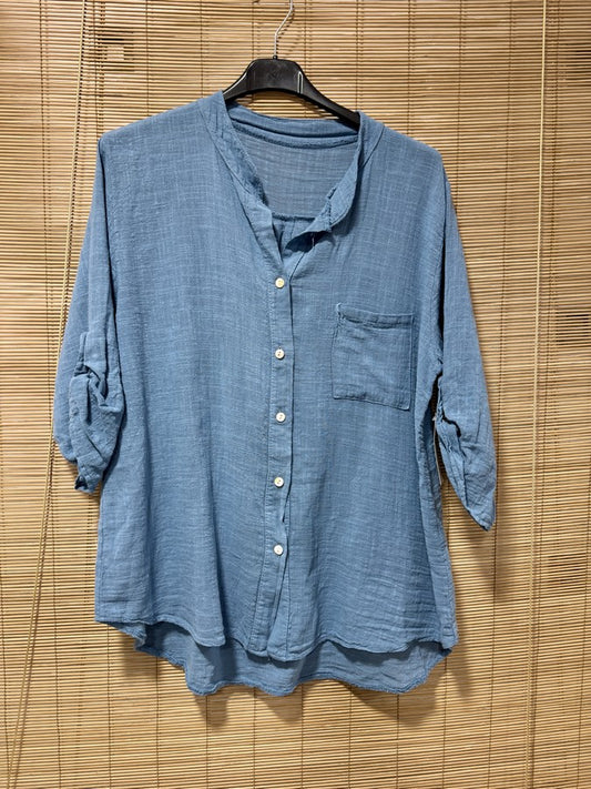 Chemise en coton col mao bleu jean