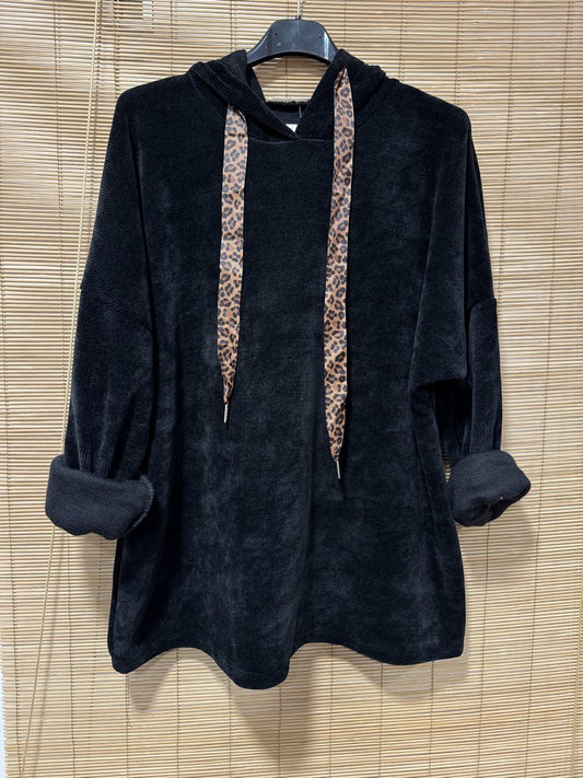 Sweat à capuche en velours léo noir