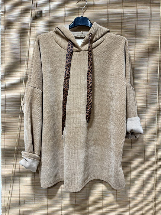 Sweat à capuche en velours léo camel
