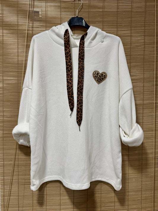 Sweat à capuche en velours léo coeur blanc