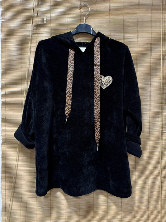 Sweat à capuche en velours léo coeur noir