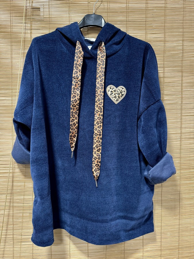Sweat à capuche en velours léo coeur bleu marine