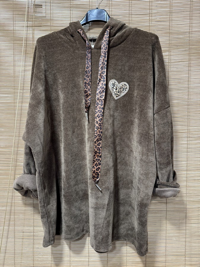 Sweat à capuche en velours léo coeur marron