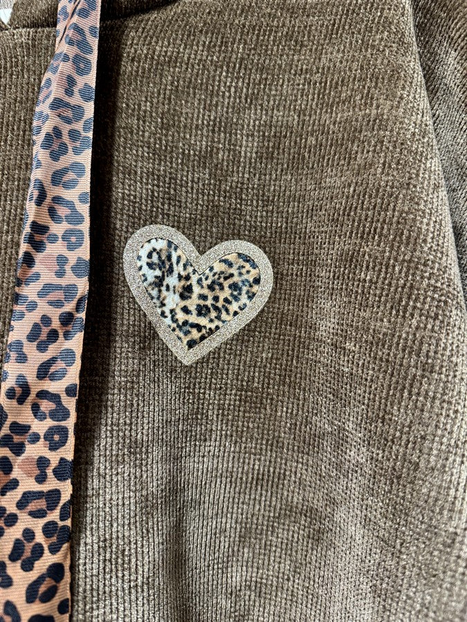 Sweat à capuche en velours léo coeur marron