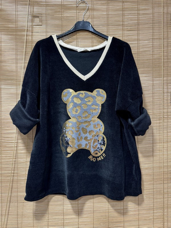 Sweat velours nounours col doré noir