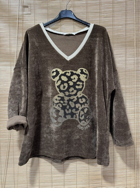 Sweat velours nounours col doré marron