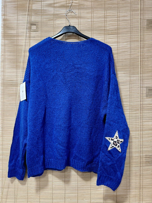 Pull col V étoiles léo bleu roi