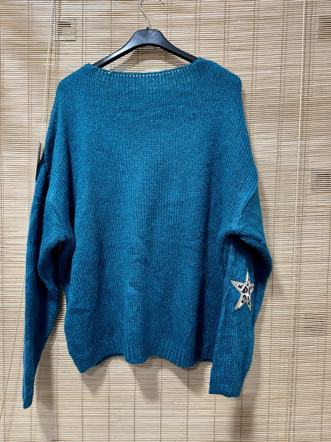 Pull col V étoiles léo bleu canard