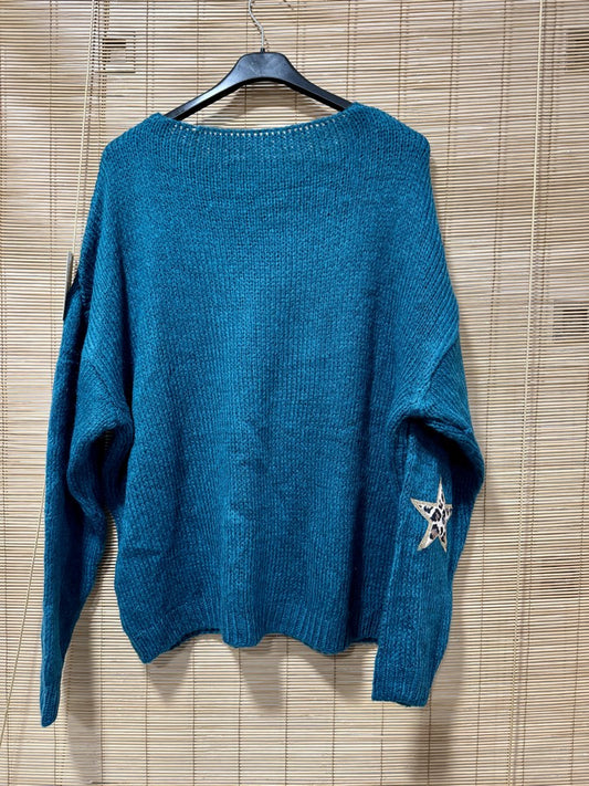 Pull col V étoiles léo bleu canard