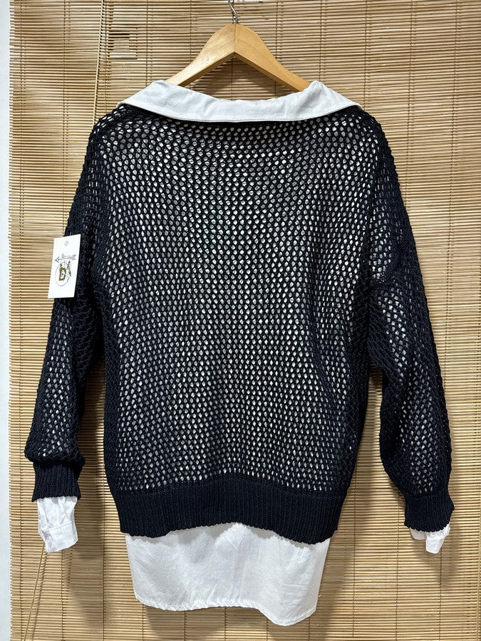 Pull ajouré col V noir