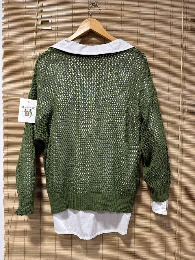 Pull ajouré col V kaki