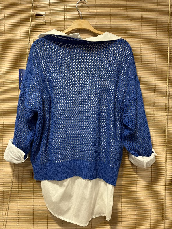 Pull ajouré col V bleu roi