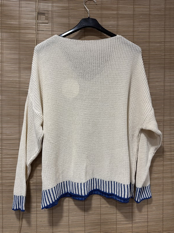 Pull col V bordure bleu roi