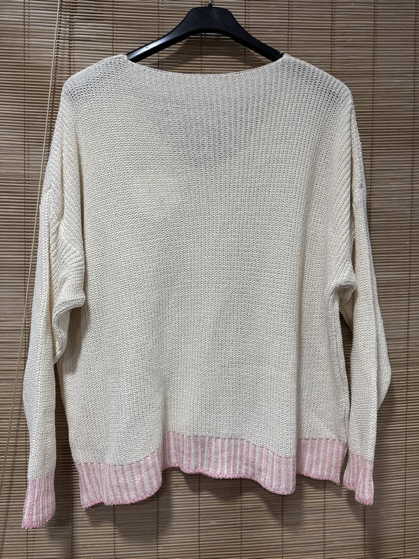 Pull col V bordure rose