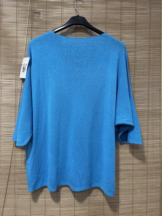 Pull fin fluide manches courtes bleu