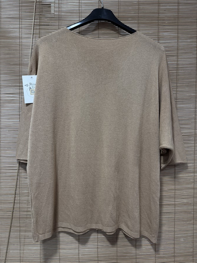 Pull fin fluide manches courtes beige