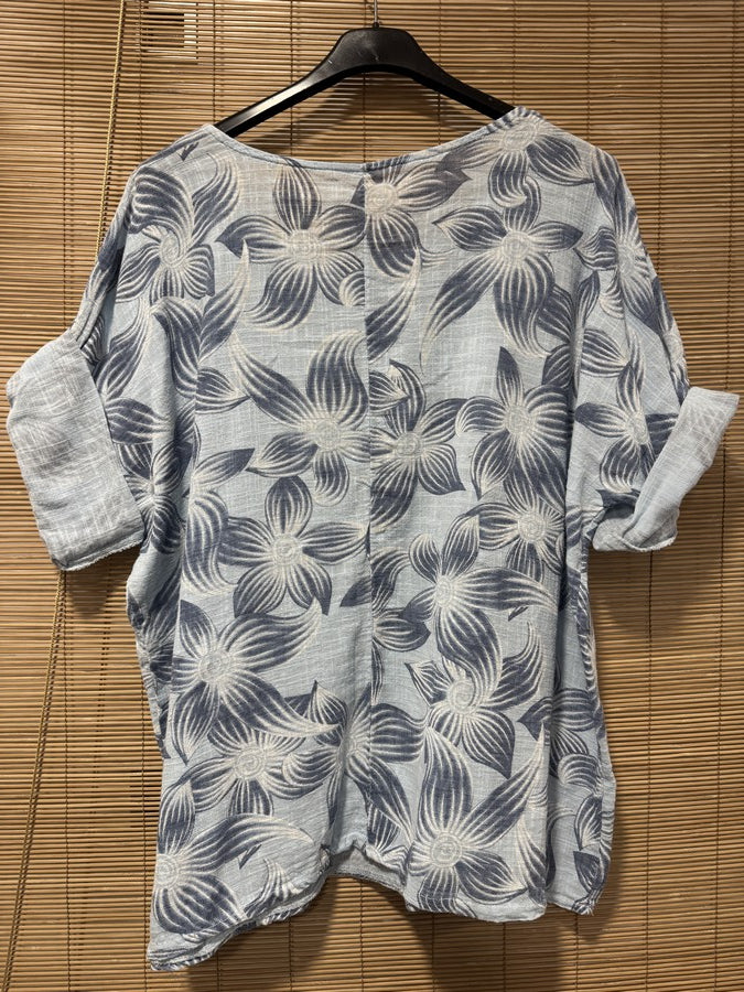 Blouse fleurie bleu ciel