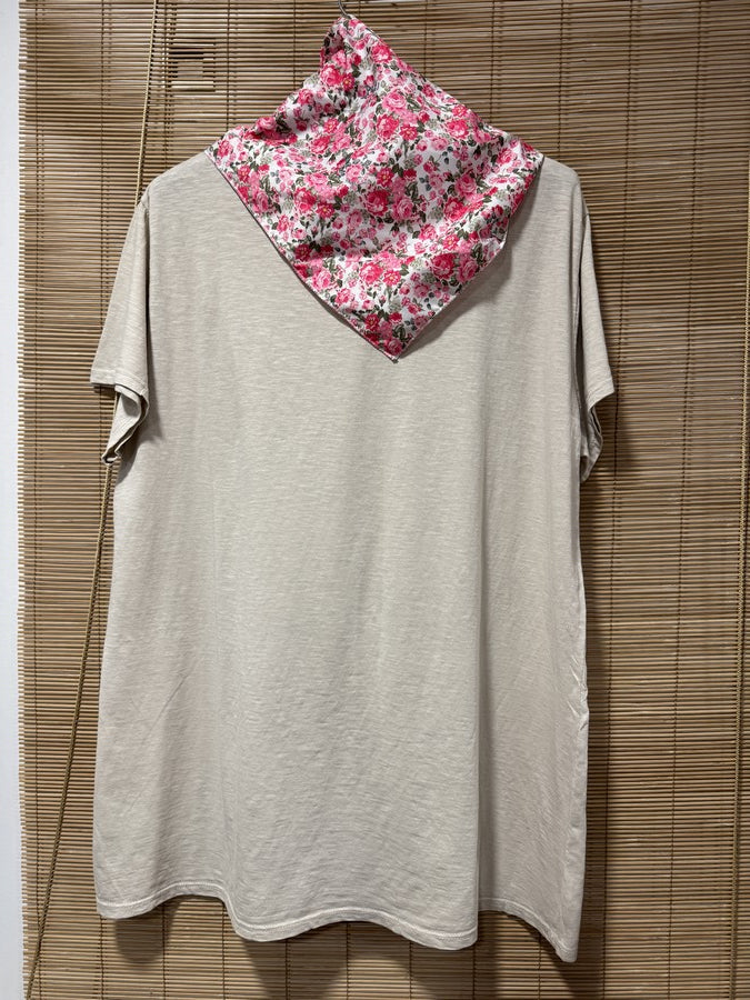 GRANDE TAILLE - T-shirt tunique cœur + fichu fleuri beige/rose
