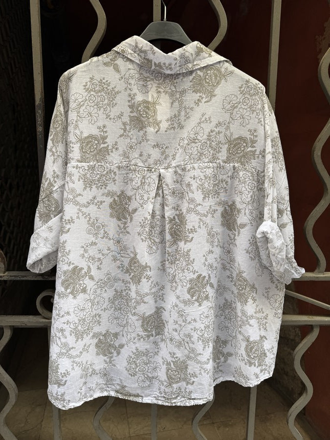 Blouse voile de coton fleurie kaki