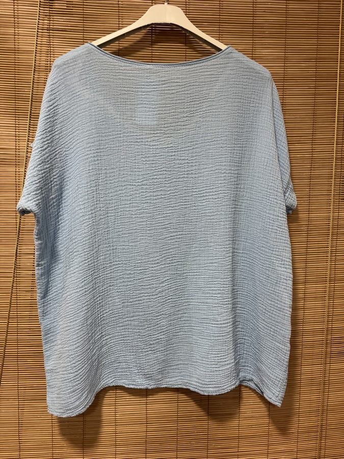 Blouse gaze de coton POISSON bleu ciel