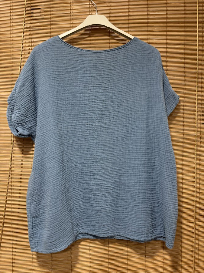 Blouse gaze de coton POISSON bleu jean