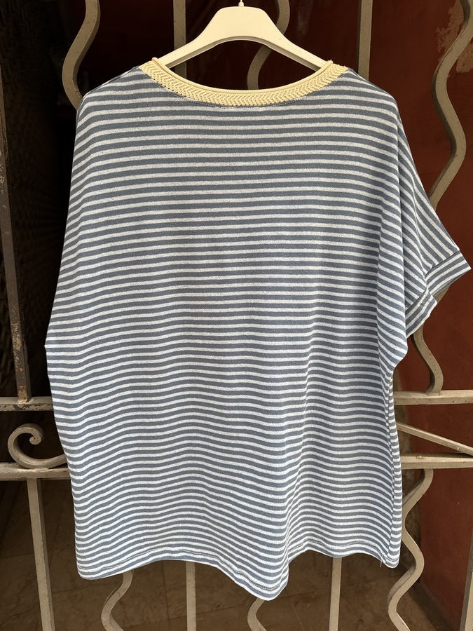 T-shirt col V rayé bleu jean/bleu ciel