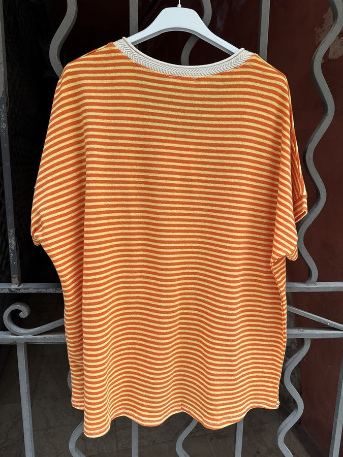 T-shirt col V rayé orange/jaune