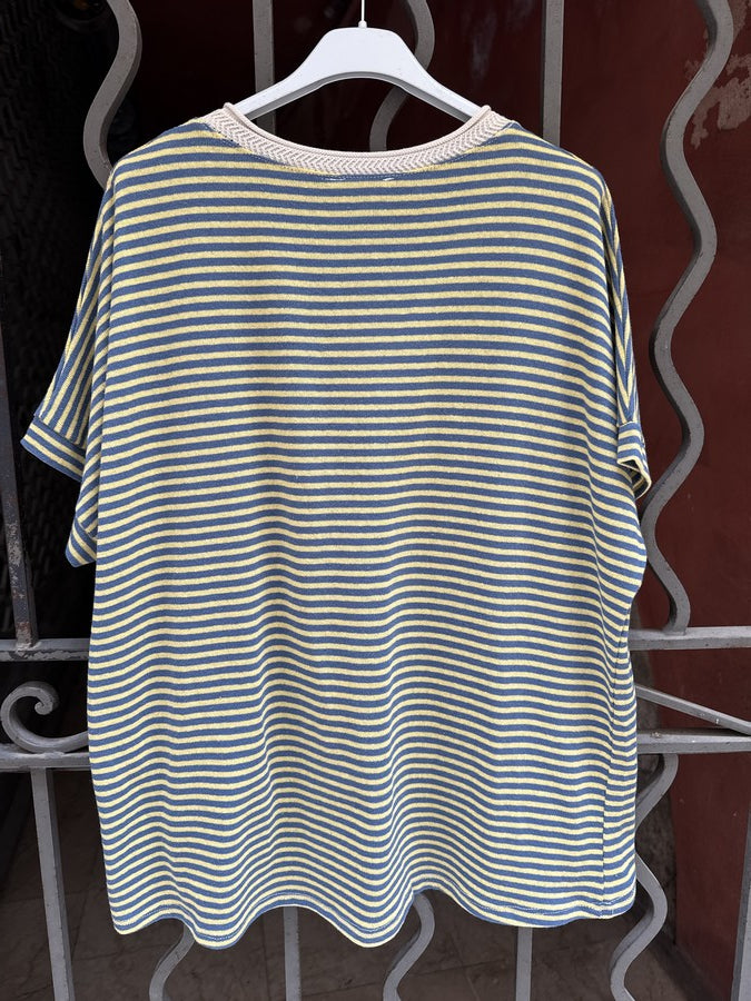 T-shirt col V rayé jaune/bleu jean