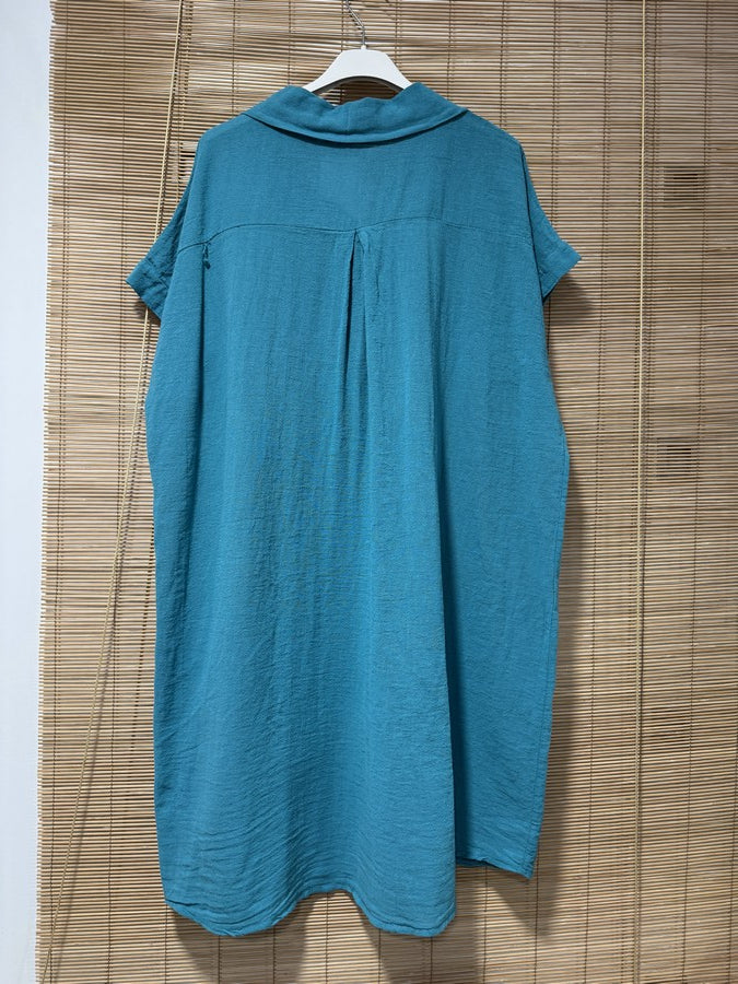 Robe chemise coton manches courtes turquoise