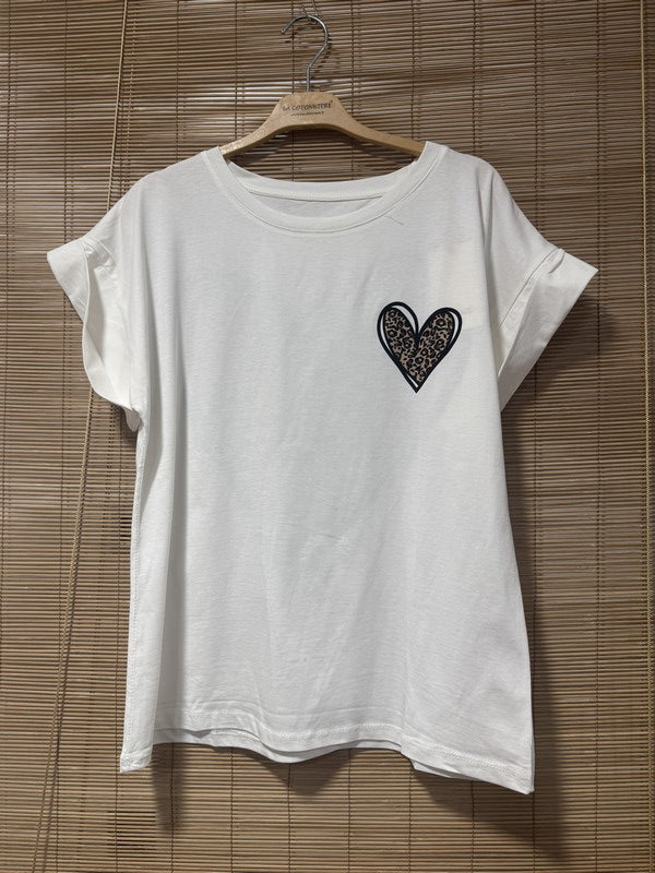 T-shirt blanc coeur léopard