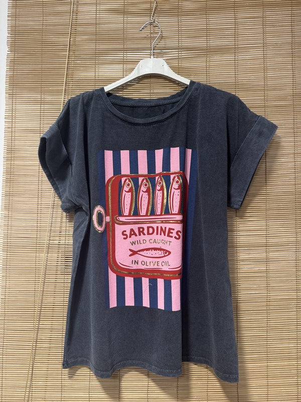 T-shirt anthracite SARDINES bleu marine/rose