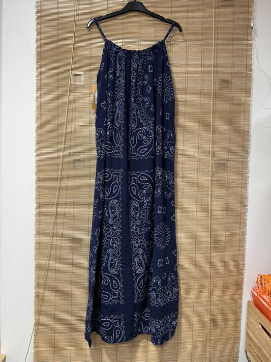 Robe longue à bretelles gaze de coton bandana bleu marine