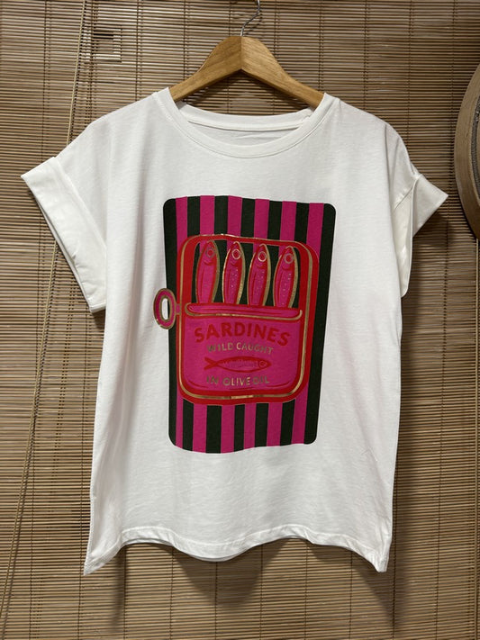 T-shirt blanc SARDINES kaki/fuchsia